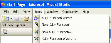 Visual Studio Tools menu with icons for XLL+ 5 and 6
