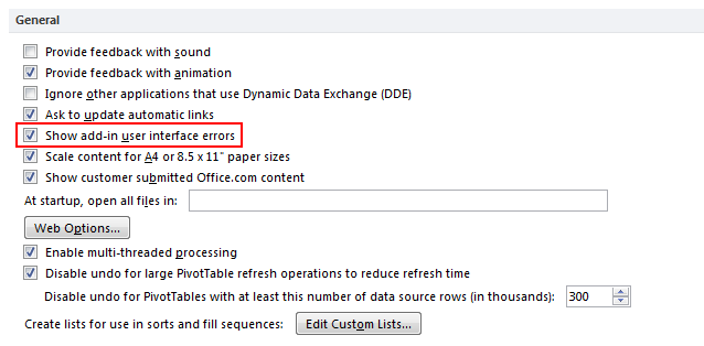 Excel Options: Show add-in user interface errors